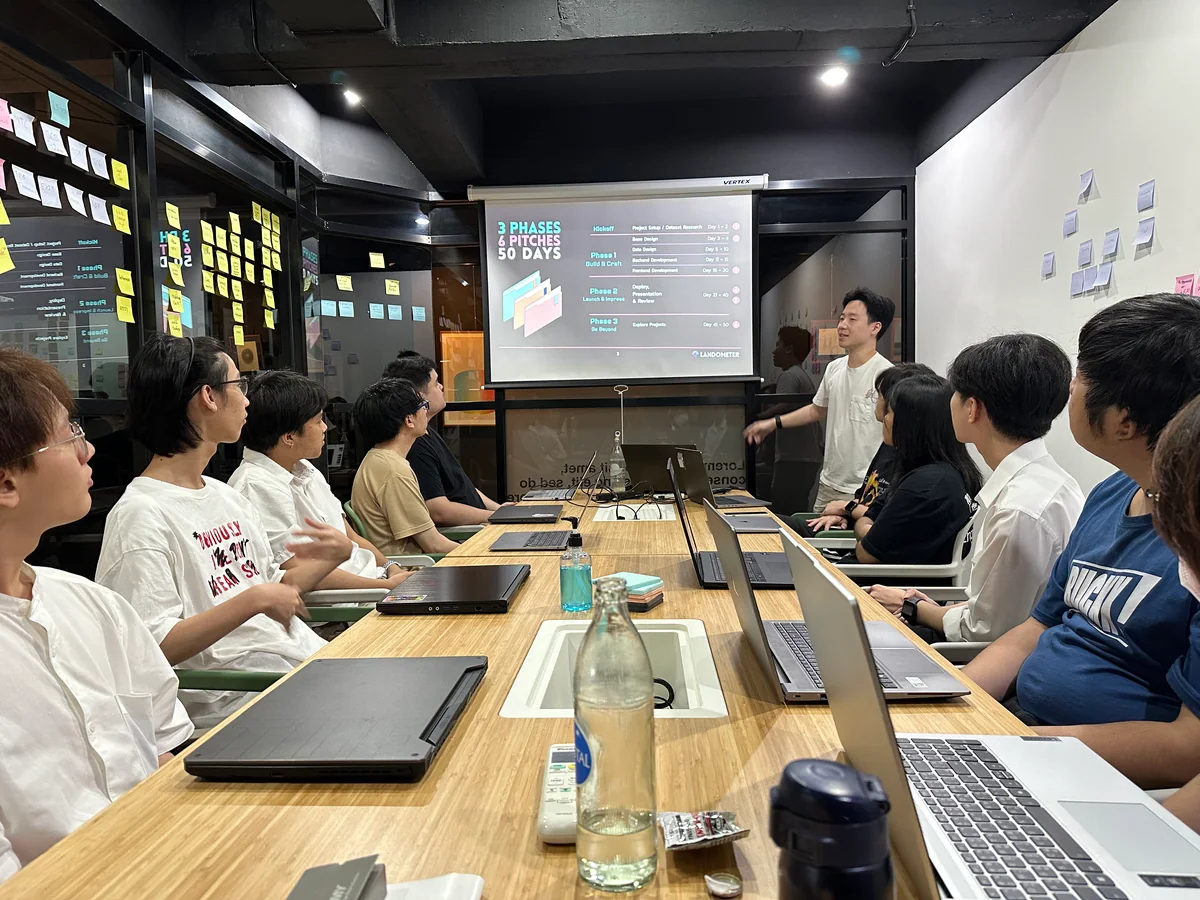 A team seated around a table during a presentation