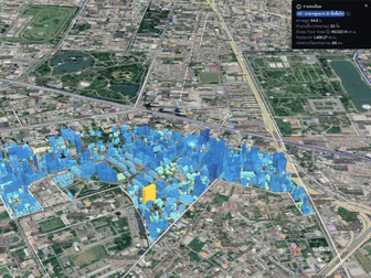 Three-dimensional CityMETER buildings and floor-area view
