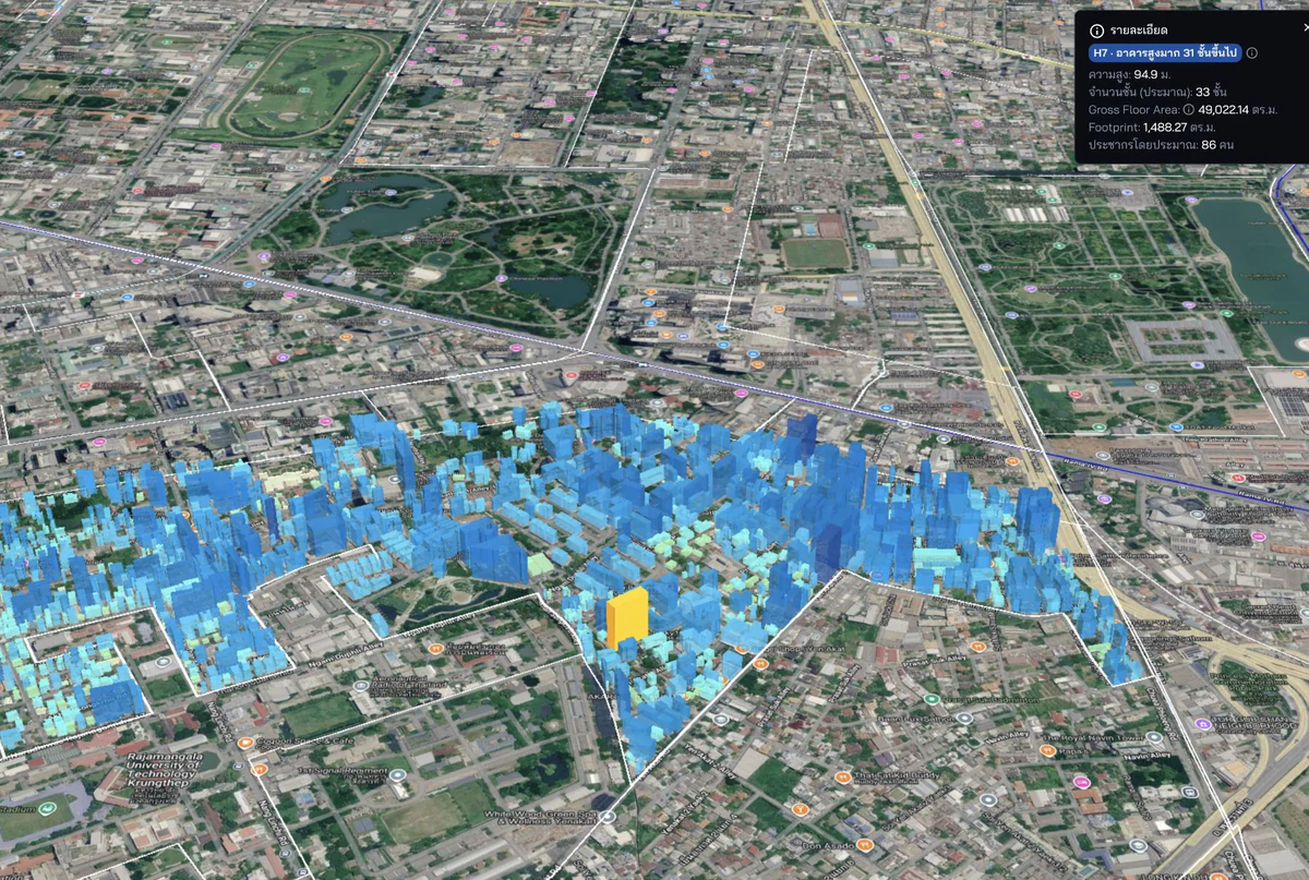 Three-dimensional CityMETER view of buildings and usable floor area with a selected building and its details