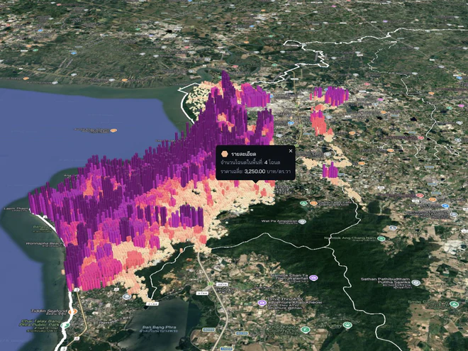 CityMETER land appraisal and title-deed view with colour-coded value columns over the map